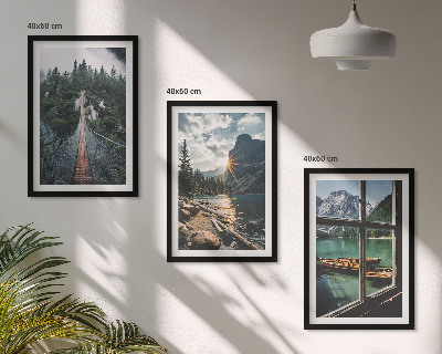 Lot de 3 tableaux pour salon Pont, forêt, lac, bateaux, montagnes