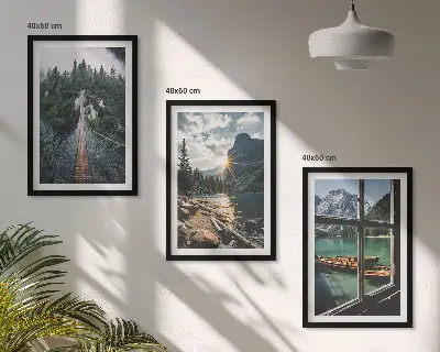 Lot de 3 tableaux pour salon représentant un pont, une forêt, un lac, des bateaux et des montagnes
