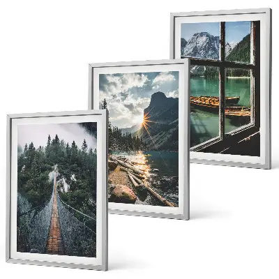 Lot de 3 tableaux pour salon représentant un pont, une forêt, un lac, des bateaux et des montagnes