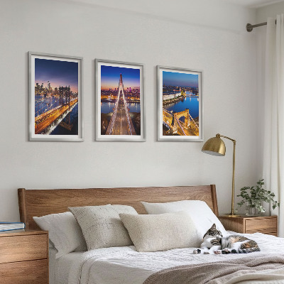 Lot de 3 tableaux pour salon Villes la nuit, ponts, rivières