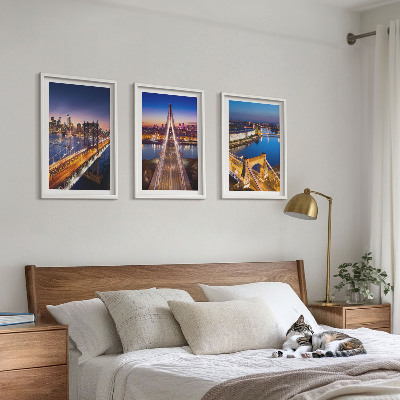 Lot de 3 tableaux pour salon Villes la nuit, ponts, rivières