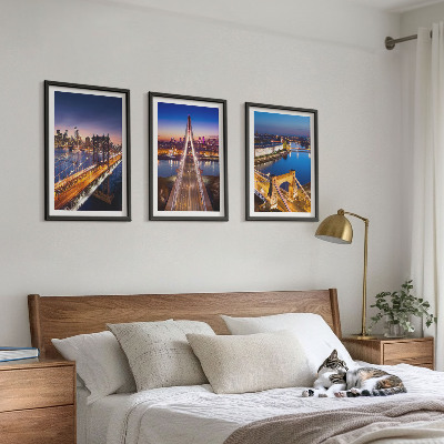 Lot de 3 tableaux pour salon Villes la nuit, ponts, rivières