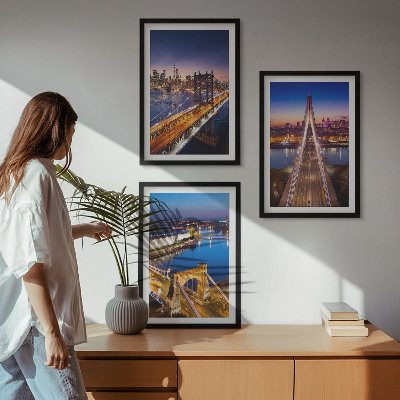 Lot de 3 tableaux pour salon Villes la nuit, ponts, rivières