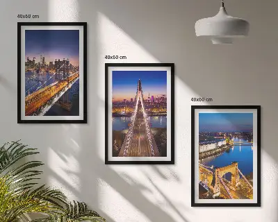 Lot de 3 tableaux pour salon représentant des villes la nuit avec des ponts et des rivières