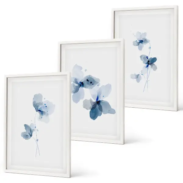 Lot de 3 tableaux pour salon motif fleurs bleues