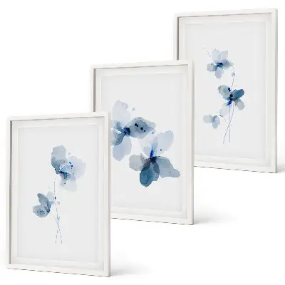 Lot de 3 tableaux pour salon motif fleurs bleues