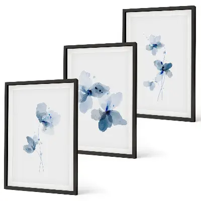 Lot de 3 tableaux pour salon motif fleurs bleues