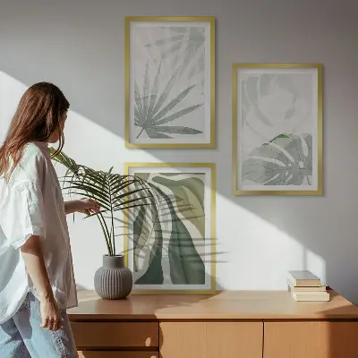 Cadre photo mural avec motif de feuilles de plantes vertes et grises