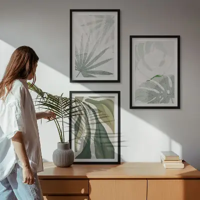 Cadre photo mural avec motif de feuilles de plantes vertes et grises