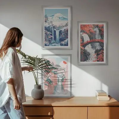 Cadre photo mural représentant des cascades des montagnes un pont et des arbres