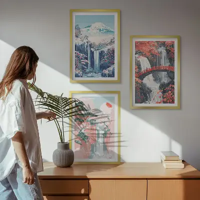 Cadre photo mural représentant des cascades des montagnes un pont et des arbres