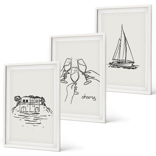 Lot de 3 tableaux pour salon Toast au voilier dans une maison au bord de l'eau
