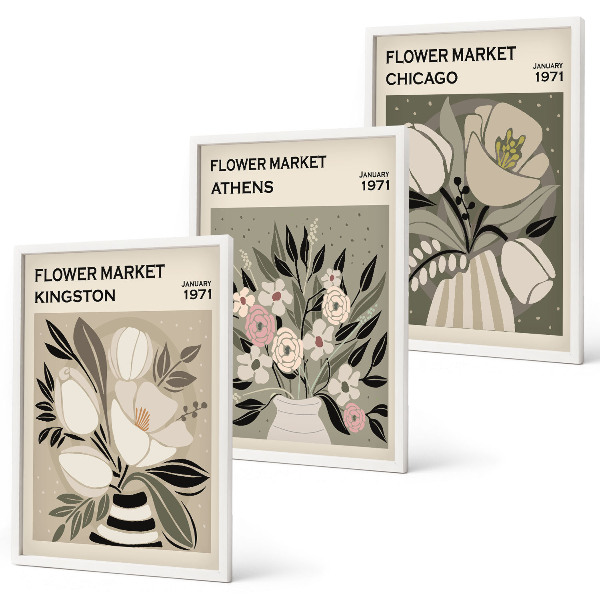 Lot de 3 tableaux pour salon Compositions florales rétro