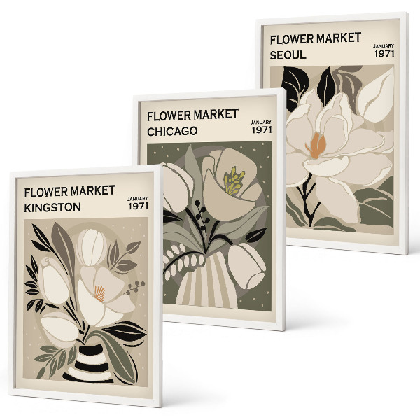 Lot de 3 tableaux pour salon Fleurs Kingston Séoul Chicago rétro