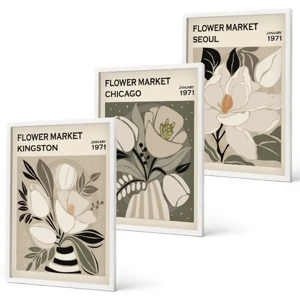 Lot de 3 tableaux pour salon motif fleurs style rétro Kingston Séoul Chicago