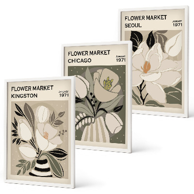 Lot de 3 tableaux pour salon Fleurs Kingston Séoul Chicago rétro