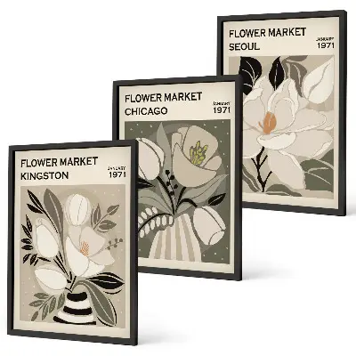 Lot de 3 tableaux pour salon motif fleurs style rétro Kingston Séoul Chicago