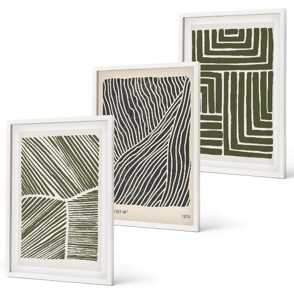 Lot de 3 tableaux pour salon Motifs, lignes, formes, vert