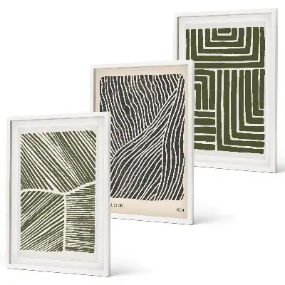 Lot de 3 tableaux pour salon avec des motifs de lignes et formes géométriques de couleur verte