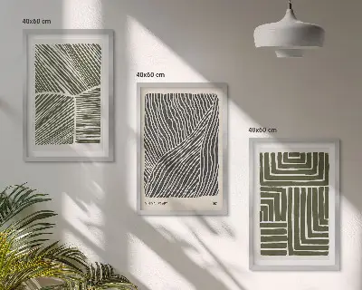 Lot de 3 tableaux pour salon avec des motifs de lignes et formes géométriques de couleur verte