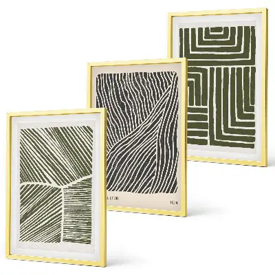 Lot de 3 tableaux pour salon avec des motifs de lignes et formes géométriques de couleur verte