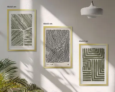 Lot de 3 tableaux pour salon avec des motifs de lignes et formes géométriques de couleur verte