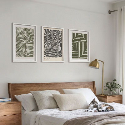 Lot de 3 tableaux pour salon Motifs, lignes, formes, vert