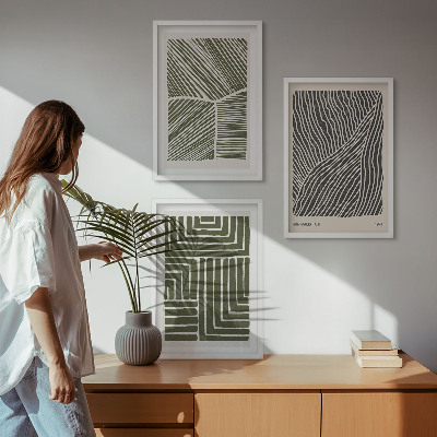 Lot de 3 tableaux pour salon Motifs, lignes, formes, vert