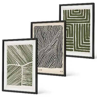 Lot de 3 tableaux pour salon avec des motifs de lignes et formes géométriques de couleur verte