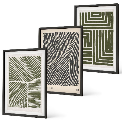 Lot de 3 tableaux pour salon Motifs, lignes, formes, vert