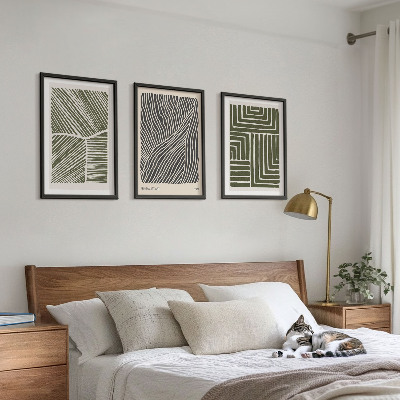 Lot de 3 tableaux pour salon Motifs, lignes, formes, vert