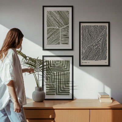 Lot de 3 tableaux pour salon Motifs, lignes, formes, vert