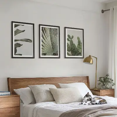 Lot de 3 tableaux pour salon feuilles de plantes tropicales aux tons pastel