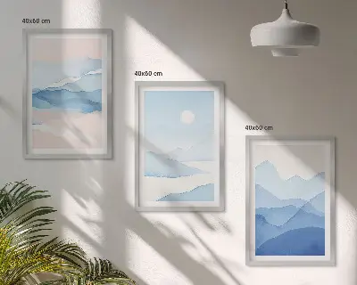 Cadre photo mural avec une aquarelle de montagnes roses et bleues
