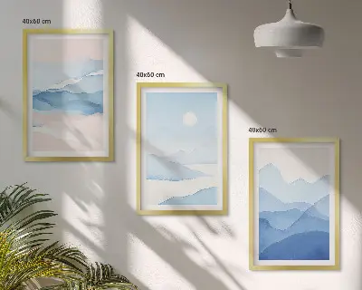 Cadre photo mural avec une aquarelle de montagnes roses et bleues