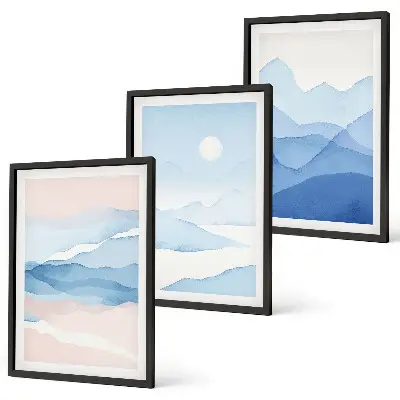 Cadre photo mural avec une aquarelle de montagnes roses et bleues