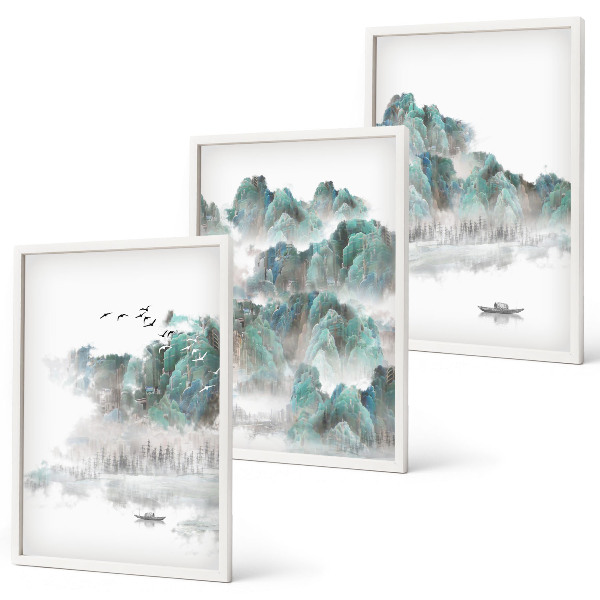 Lot de 3 tableaux pour salon Montagnes, nuages, oiseaux, bateau, japondi