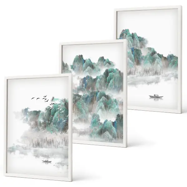 Lot de 3 tableaux pour salon motif montagnes nuages oiseaux et bateau style japondi