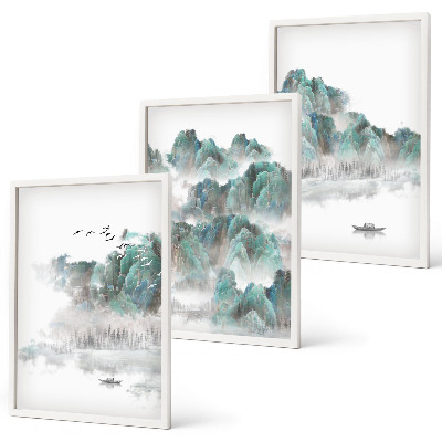 Lot de 3 tableaux pour salon Montagnes, nuages, oiseaux, bateau, japondi