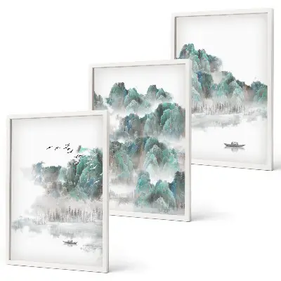 Lot de 3 tableaux pour salon motif montagnes nuages oiseaux et bateau style japondi