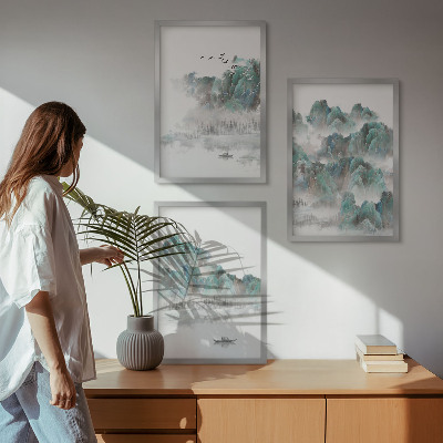 Lot de 3 tableaux pour salon Montagnes, nuages, oiseaux, bateau, japondi
