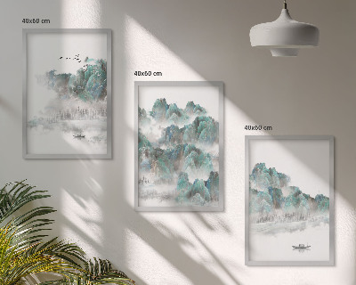 Lot de 3 tableaux pour salon Montagnes, nuages, oiseaux, bateau, japondi