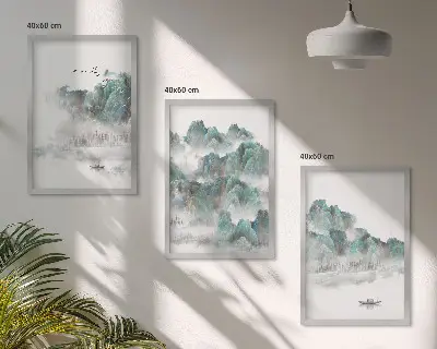 Lot de 3 tableaux pour salon motif montagnes nuages oiseaux et bateau style japondi