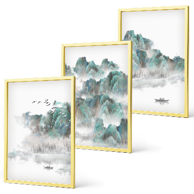 Lot de 3 tableaux pour salon Montagnes, nuages, oiseaux, bateau, japondi