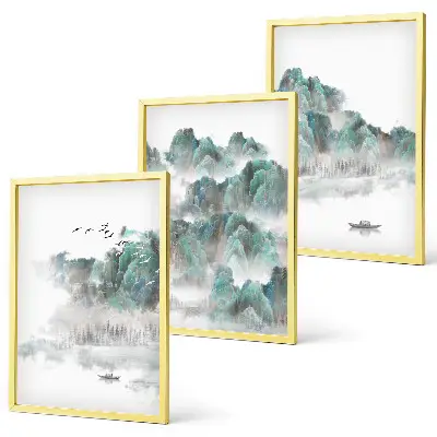 Lot de 3 tableaux pour salon motif montagnes nuages oiseaux et bateau style japondi