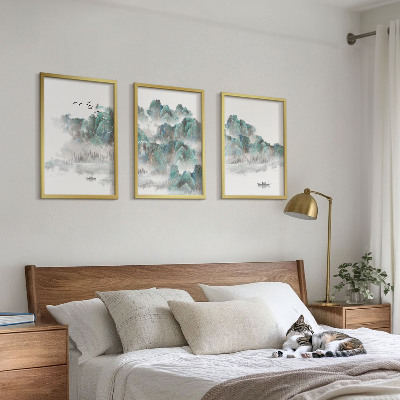 Lot de 3 tableaux pour salon Montagnes, nuages, oiseaux, bateau, japondi
