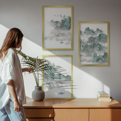 Lot de 3 tableaux pour salon Montagnes, nuages, oiseaux, bateau, japondi