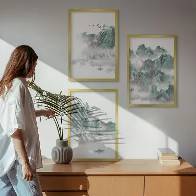 Lot de 3 tableaux pour salon motif montagnes nuages oiseaux et bateau style japondi