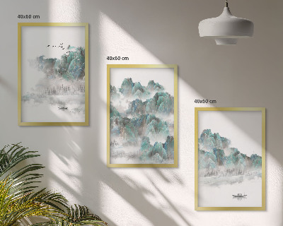 Lot de 3 tableaux pour salon Montagnes, nuages, oiseaux, bateau, japondi