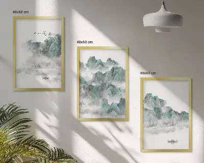 Lot de 3 tableaux pour salon motif montagnes nuages oiseaux et bateau style japondi